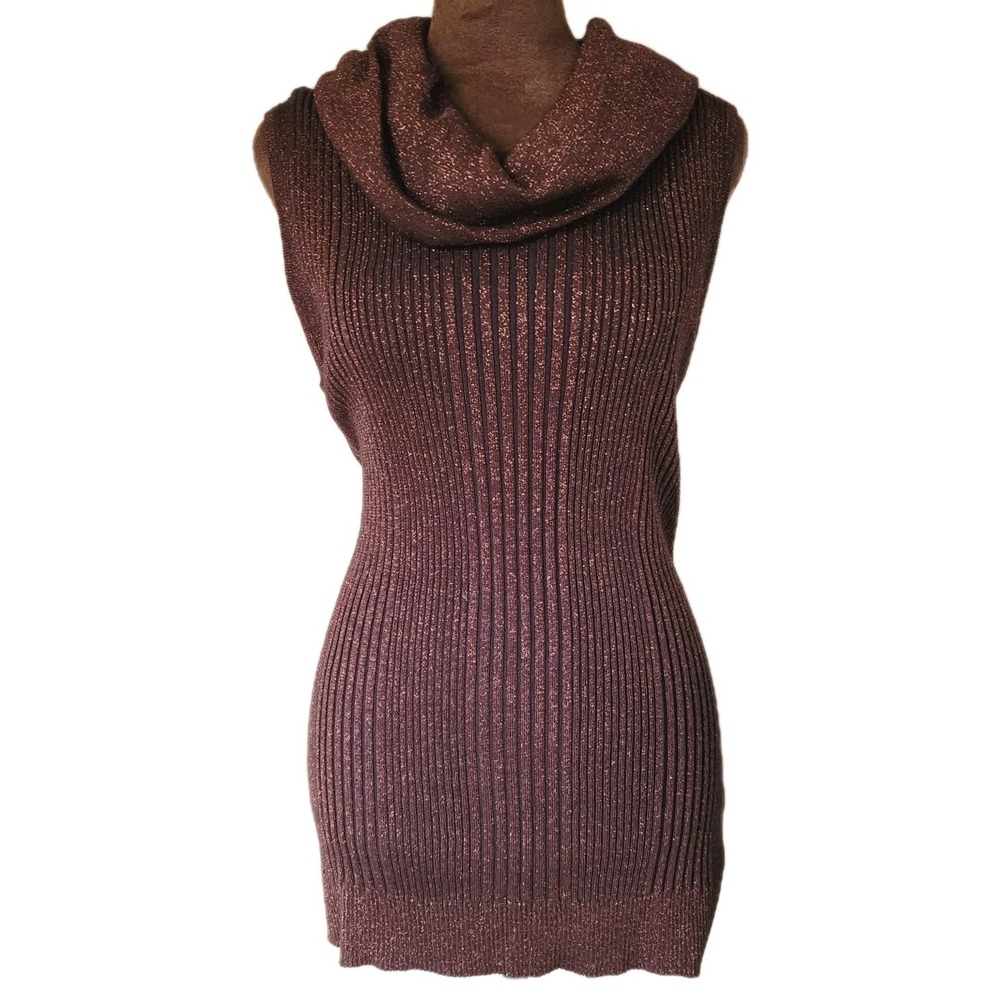 Joseph A. Sweater Brown Gold Metallic Size XL Ribbed Stretch Cowl Neck Women's - Picture 1 of 8